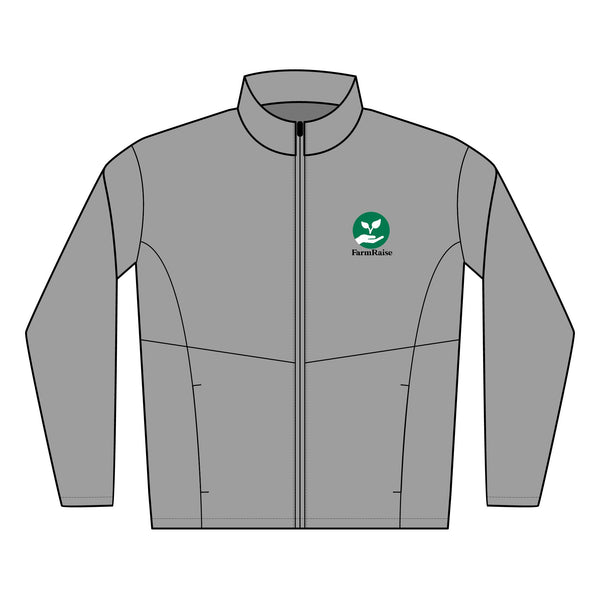 Gray jacket with a green logo on a white background