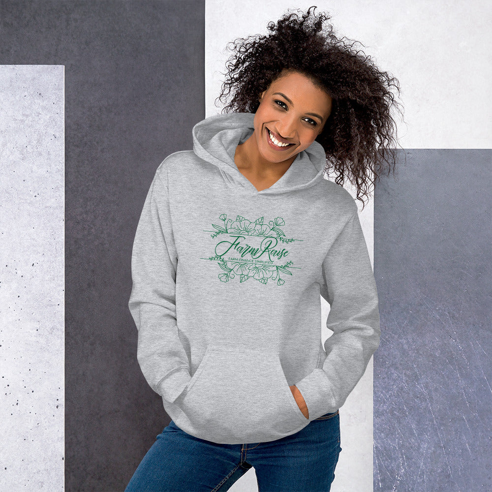 FarmRaise Floral Unisex Hoodie Green Writing